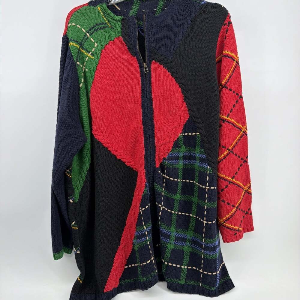 Vtg 90s Susan Bristol Petite Hand Knit Patchwork Zip Up Cardigan Sweater XL